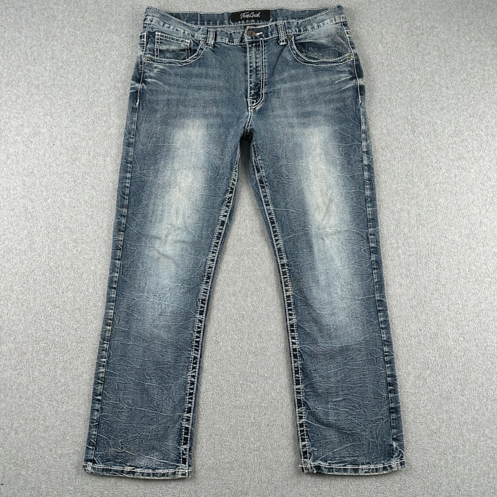 True Luck Jeans Mens 34x30 Blue‎ Denim Straight Leg Heavy Stitch Faded